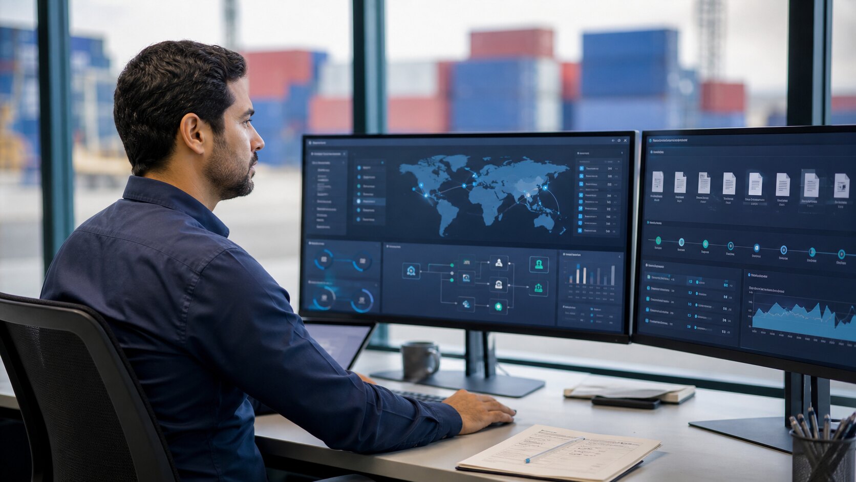 Profissional acompanha dashboards de automação de importações, documentos digitais e indicadores em tempo real