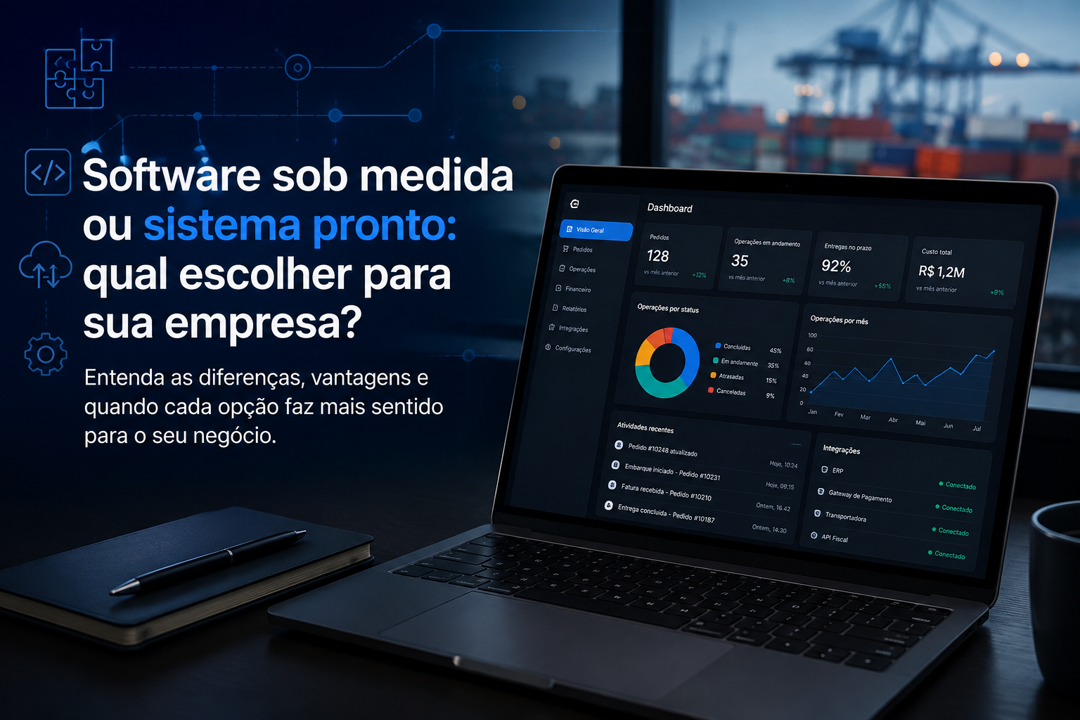 Dashboard de software sob medida em notebook, com indicadores de operações e porto ao fundo