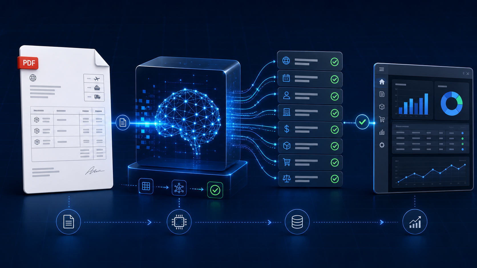 Fluxo de automação de documentos com PDF processado por inteligência artificial, dados validados e integrados a um sistema ERP