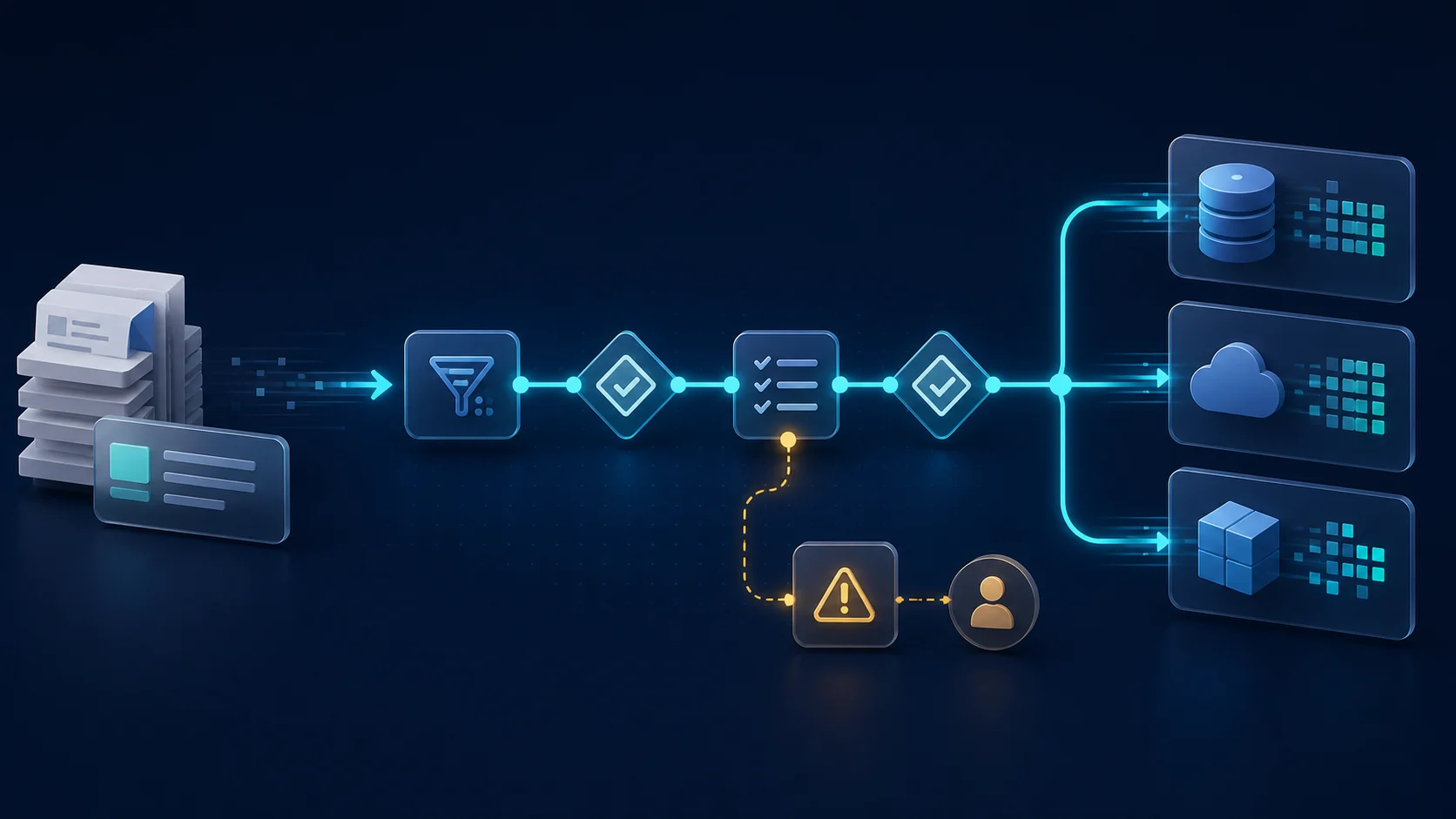Fluxo automatizado conectando documentos, regras de negócio, validações e sistemas empresariais