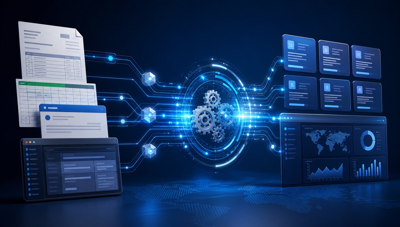 Documentos, planilhas e sistemas conectados por um fluxo automatizado a dados estruturados e um dashboard operacional