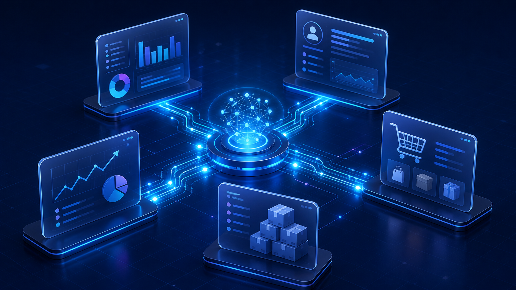 Sistemas de ERP, CRM, e-commerce, financeiro e estoque conectados por um fluxo central de dados